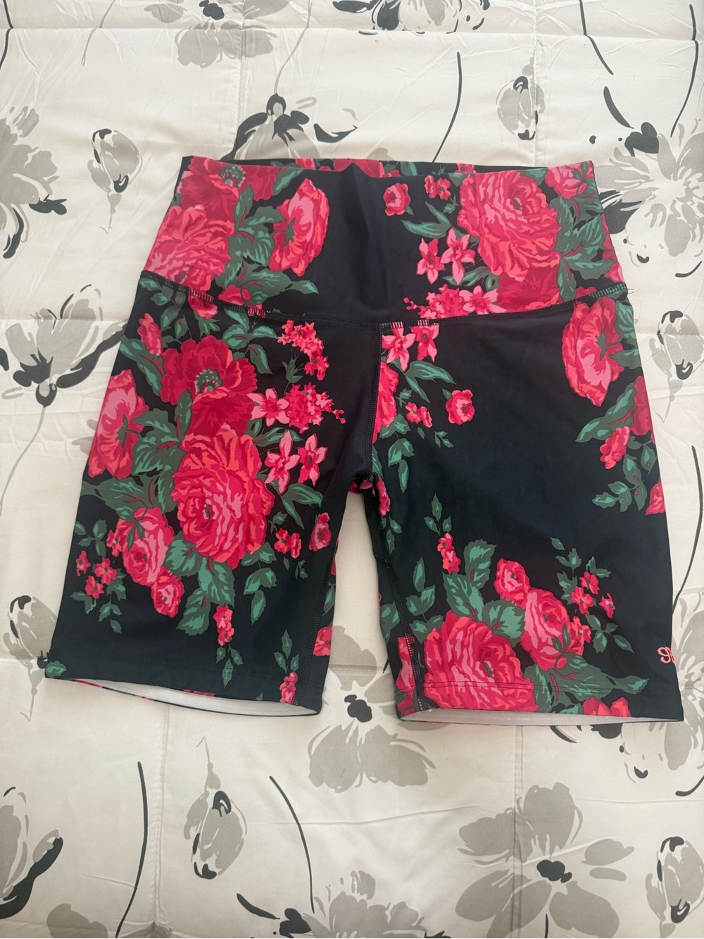 Albion Fit Floral High-Waist Bike Shorts — Black with Pink & Green Print